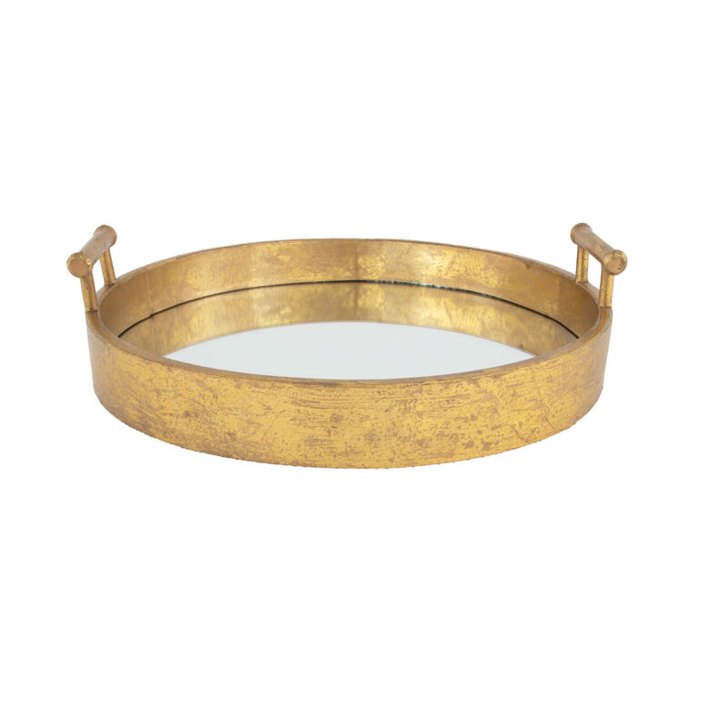 Perla Gold Leaf Round Mirrored Tray- Lillian Home