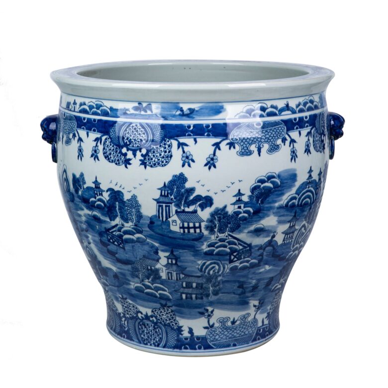 Mountain Pagoda Porcelain Planter Lion Handle