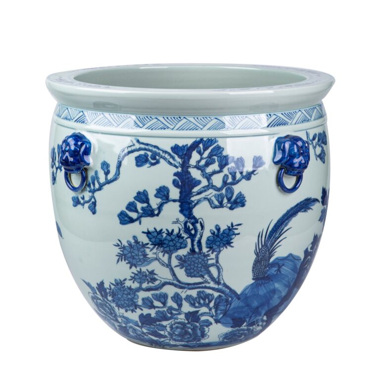 Blue And White Porcelain Magnolia Pheasant Planter Lion Handle