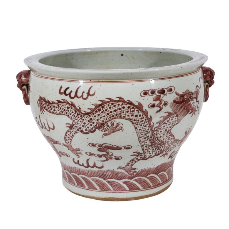 Rustic Maroon Red Dragon Planter With Lion Handles