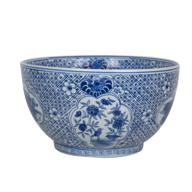 Blue And White Medallion Flower Bird Bowl