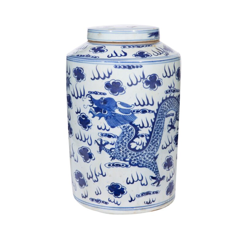 Blue and White Large Tea Jar Dragon Motif