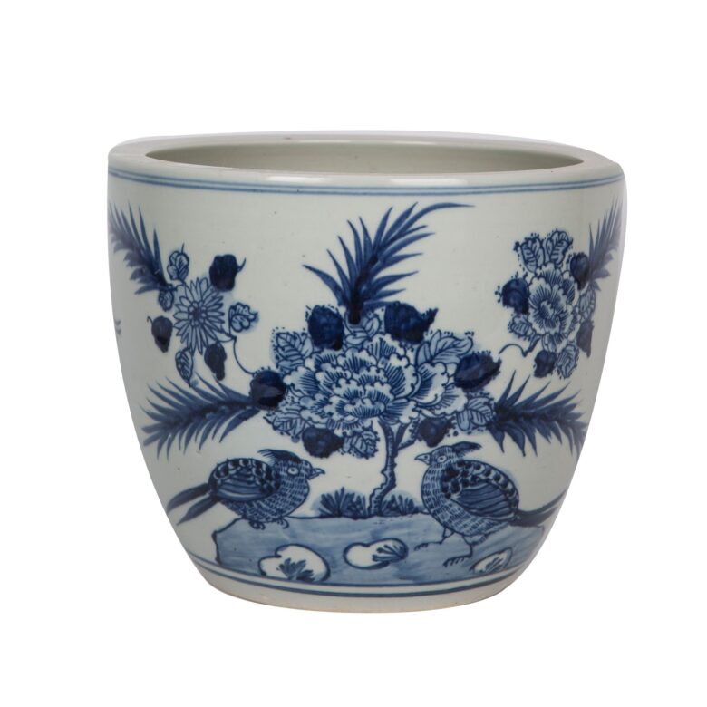 Blue And White Porcelain Planter Peony With Bird Motif