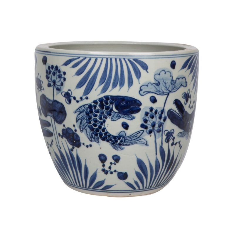 Blue And White Porcelain Planter Fish Lotus Motif