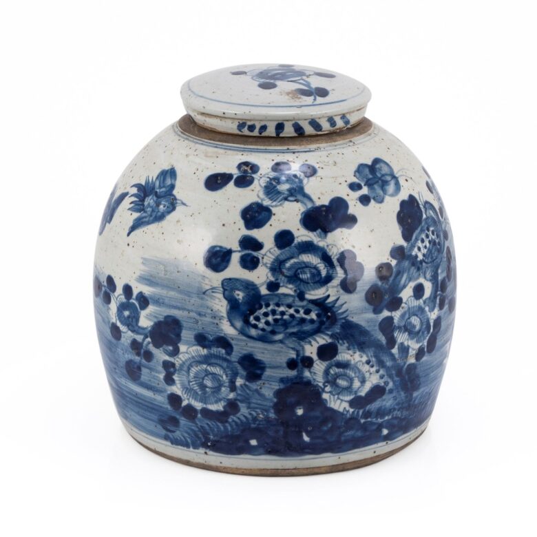 Blue & White Vintage Ming Jar Flower Bird Motif - Large