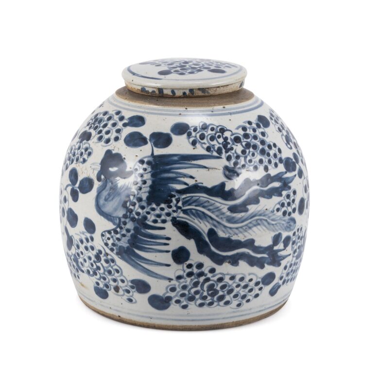 Blue & White Vintage Ming Jar Phoenix Motif - Large