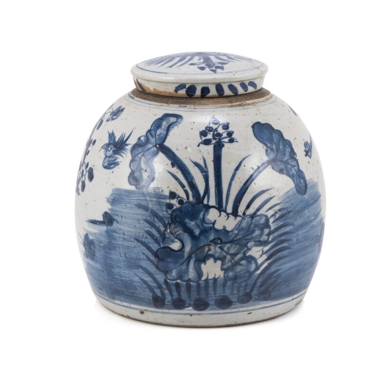 Blue & White Vintage Ming Jar Plum Lily Pad Motif - Small