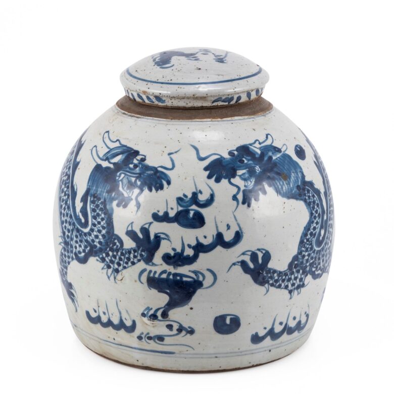 Blue & White Vintage Ming Jar Dragon Motif - Large