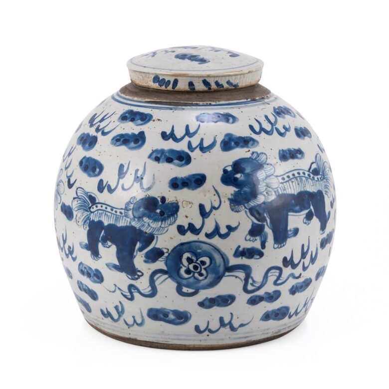 Blue & White Vintage Ming Jar Lion Motif - Large