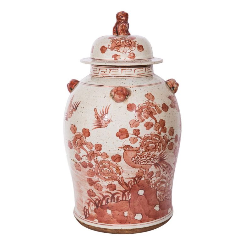 Rustic Maroon Red Flower Bird Temple Jar Small