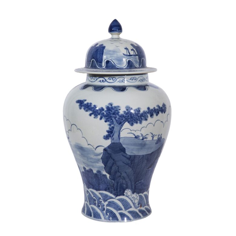 Blue And White Sail Boat Temple Jar