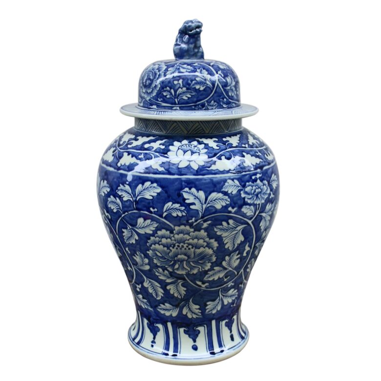 Blue And White Peony Templar Jar Foo Dog Lid