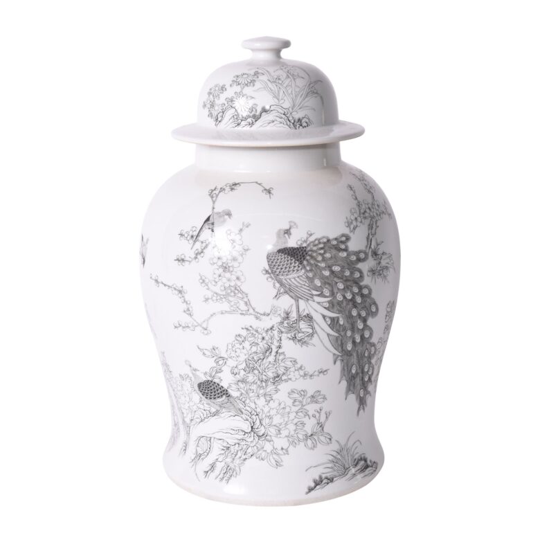 White Temple Jar With Black Peacock Motif