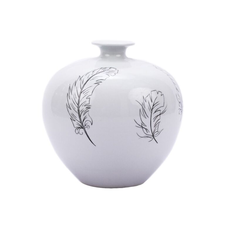 White Pomegranate Vase With Black Feathers