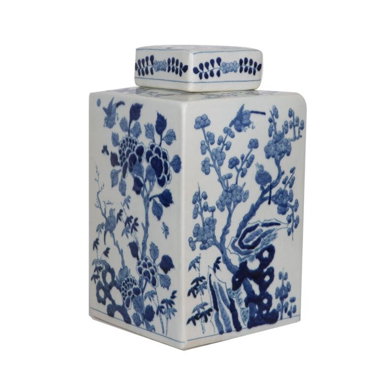 Blue And White Square Tea Jar Bird Floral Motif