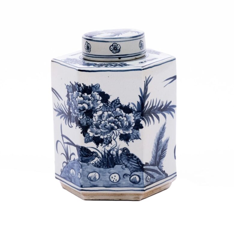 Blue & White Hexagonal Flower Bird Tea Jar