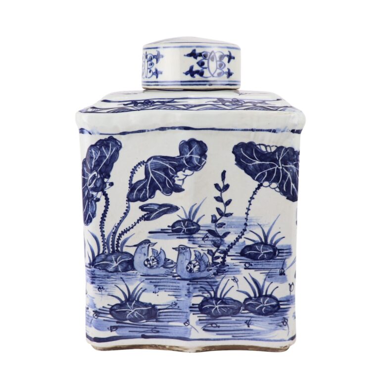 Blue And White Curved Tea Jar Lotus Motif