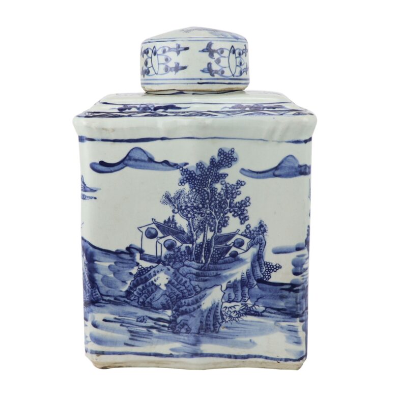 Blue And White Curved Tea Jar Landscape Motif