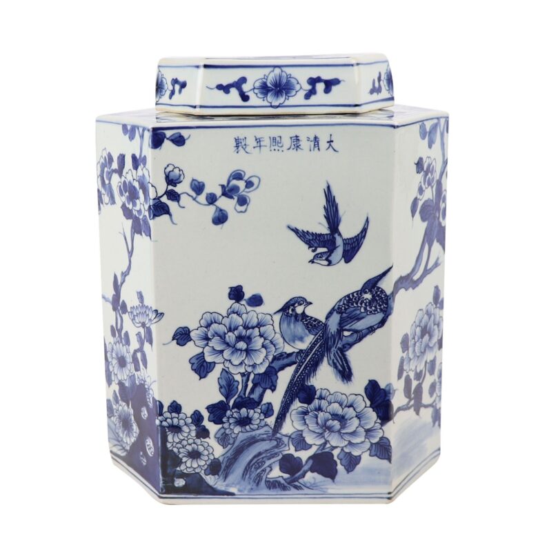 Blue And White Flat Hex Bird Floral Jar