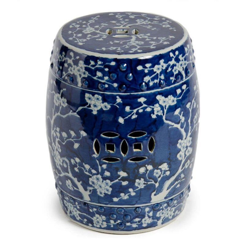 B&W Garden Stool Plum Blossom Motif