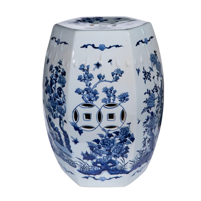 Hexagonal Blue & White Floral Bird Garden Stool