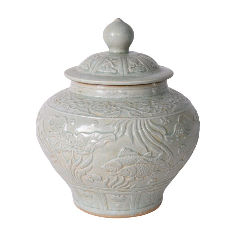 Sage Green Embossed Fish Porcelain Ginger Jar