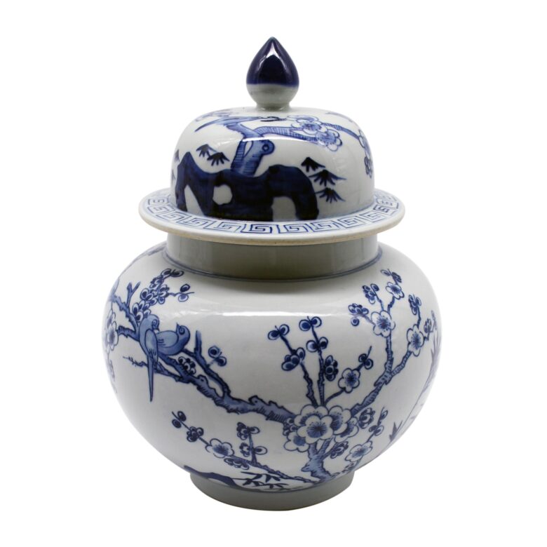 Blue & White Flower Bird Ginger Jar Small