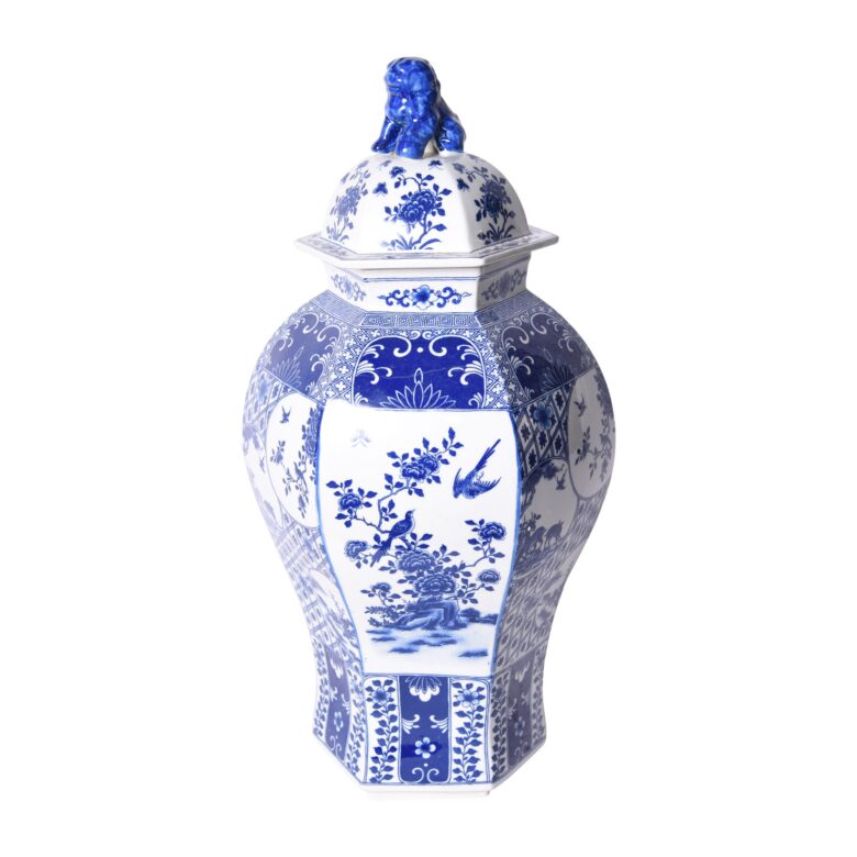 Blue & White Hexagonal Floral Bird Medallion Temple Jar