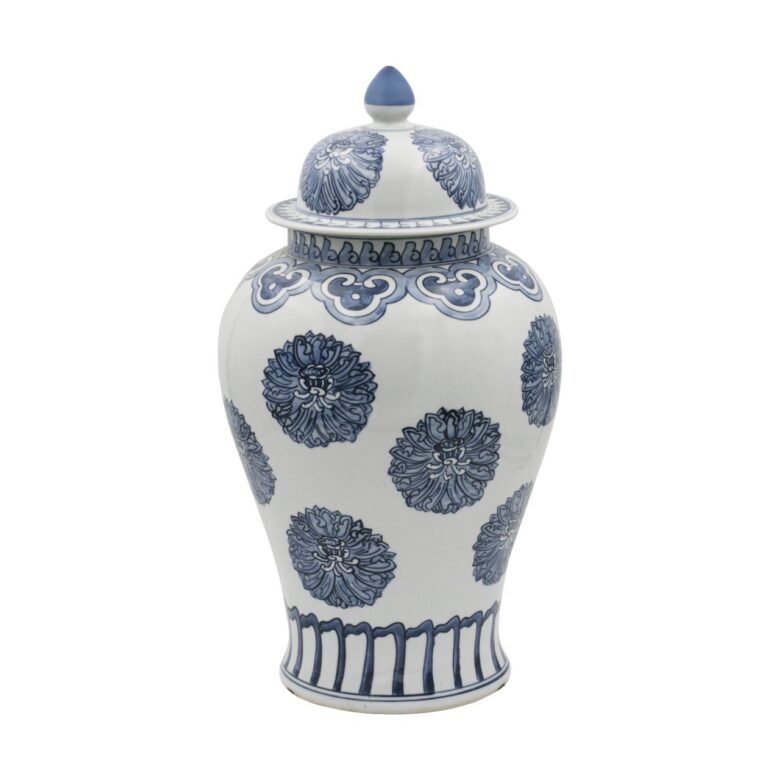 Blue And White Multi Flowers Porcelain Temple Jar