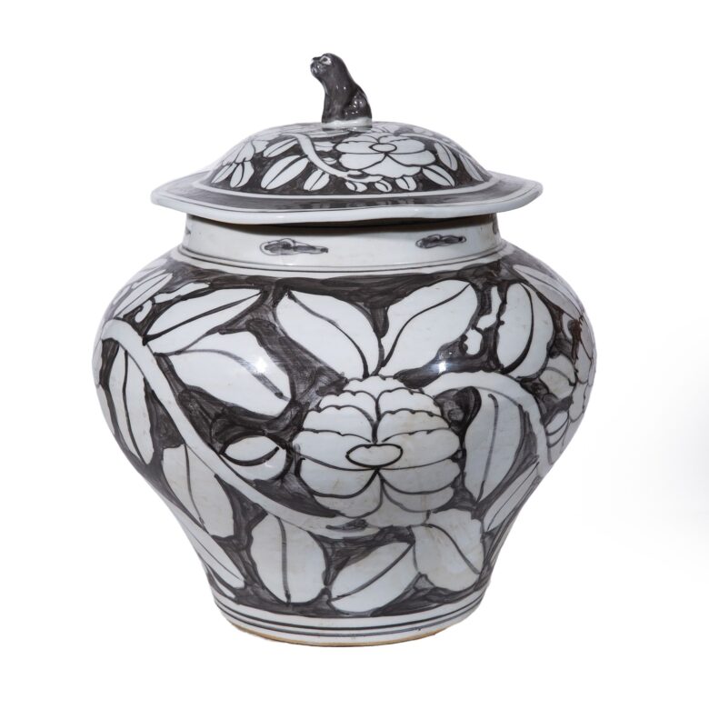 Black Peony Foo Dog Lid Jar