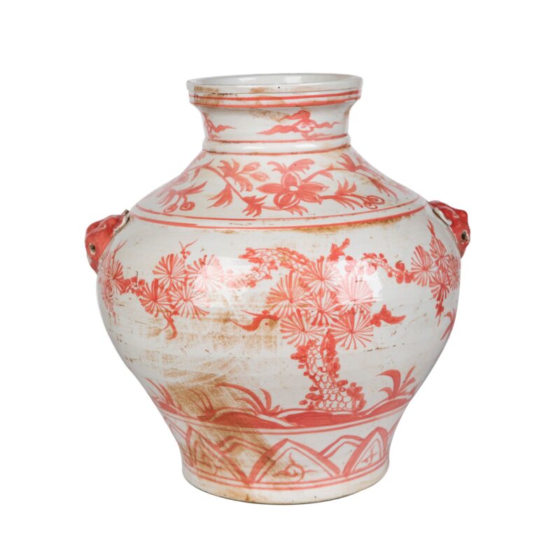 Coral Red Plum Jar Double Lion Handle -