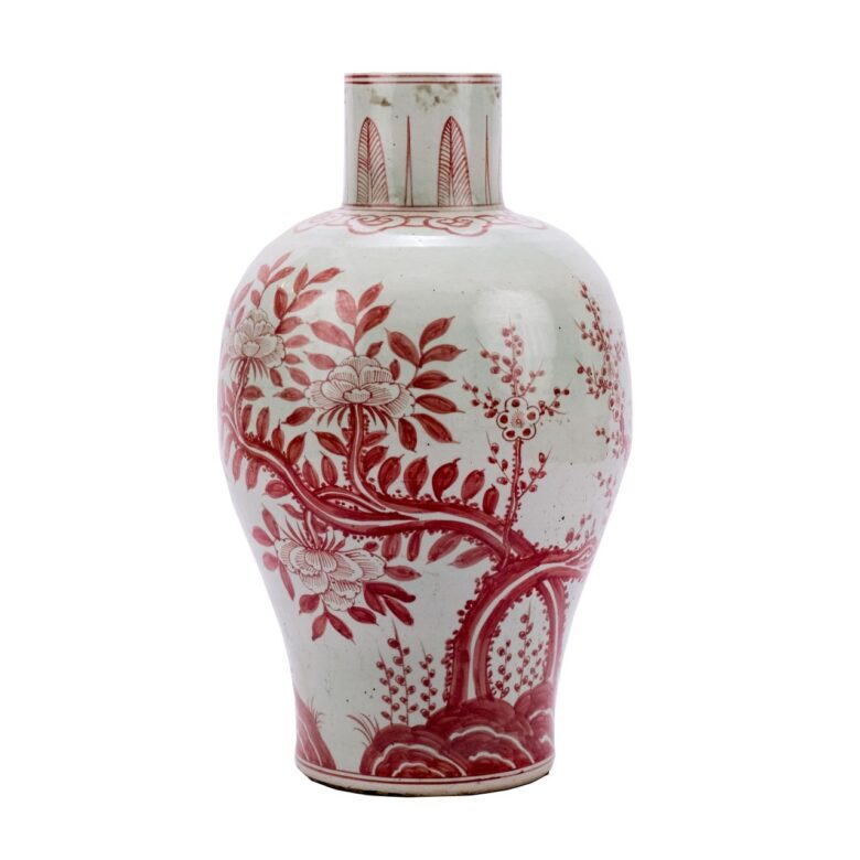 Coral Red Baluster Vase Plum Tree Motif