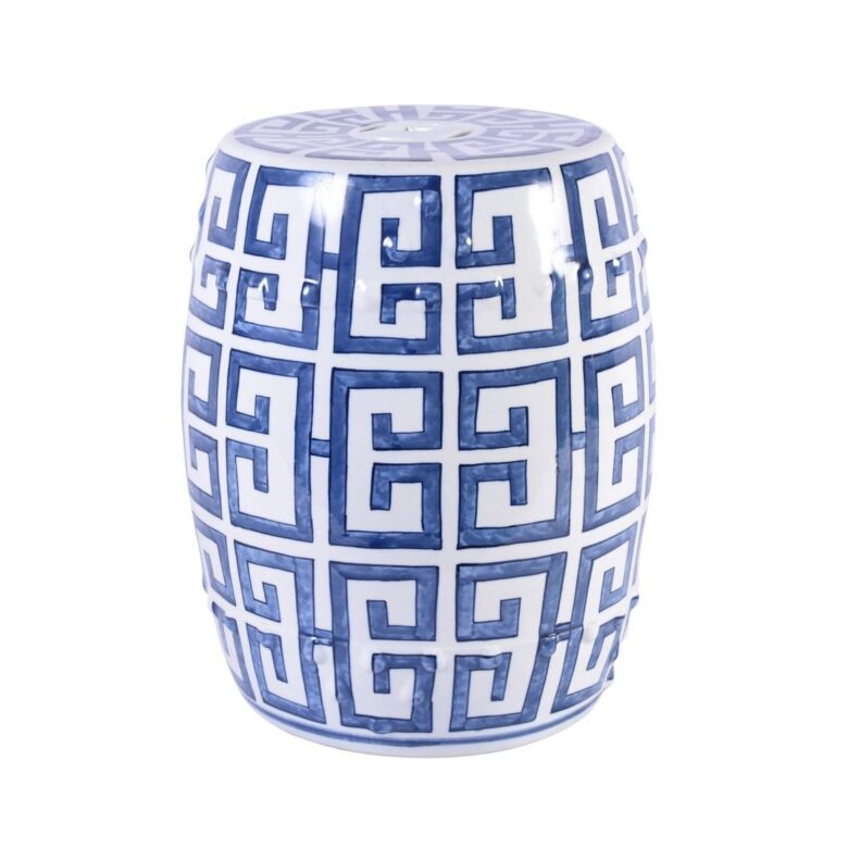 Blue and White Greek Key Garden Stool