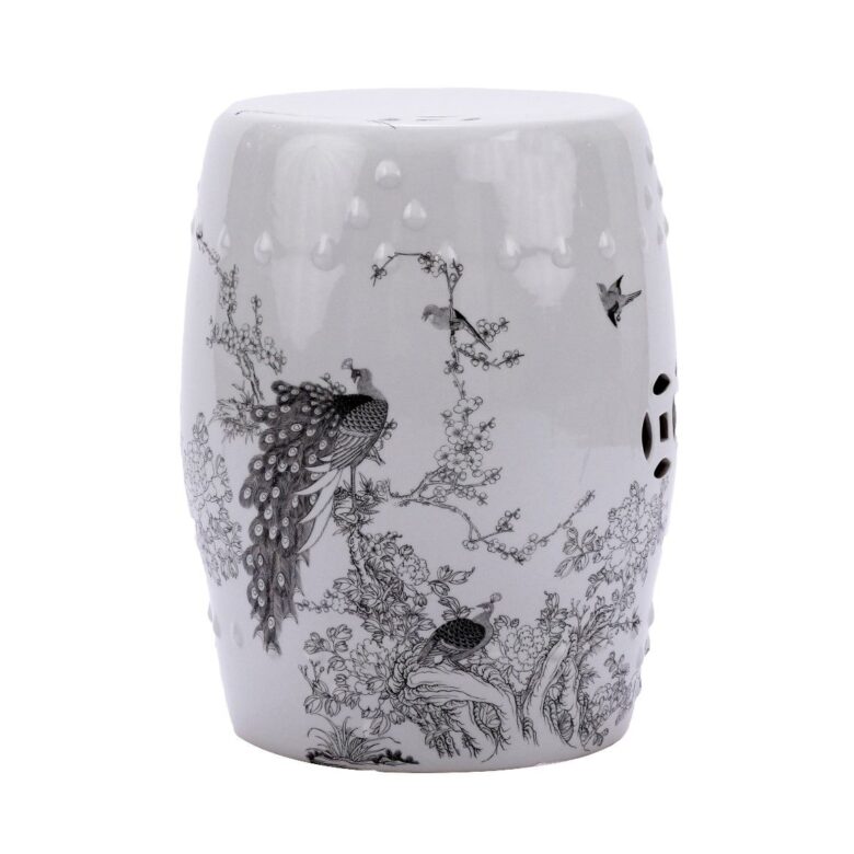 White Garden Stool Ink Black Peacock Motif