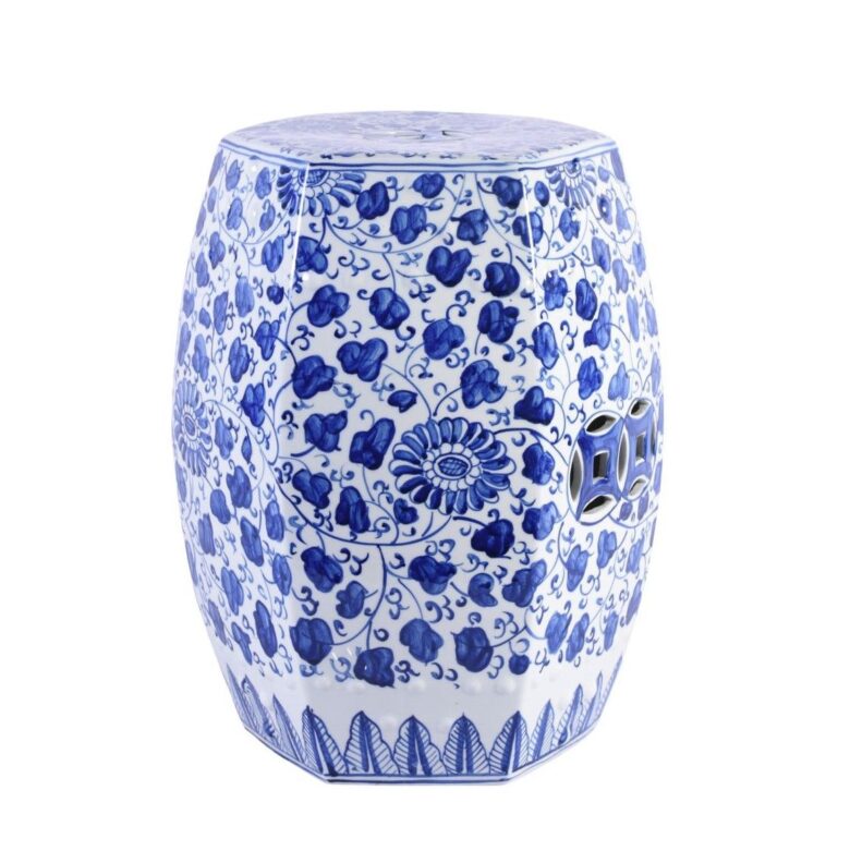 Blue & White Hex Garden Stool Grape Vines -