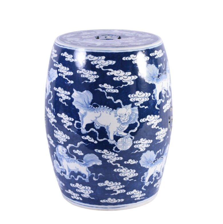 Blue Porcelain Garden Stool With White Lion Motif -