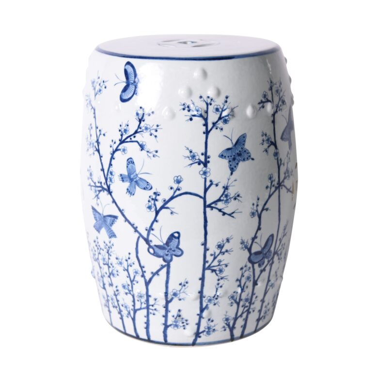 Blue and White Butterfly Plum Garden Stool