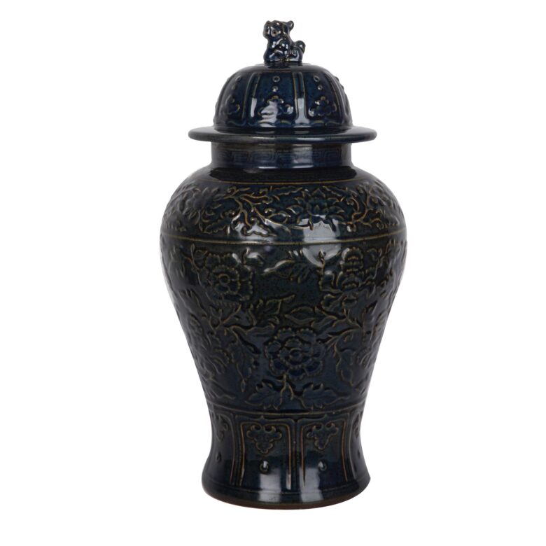 Carved Flower Temple Jar Speckled Indigo