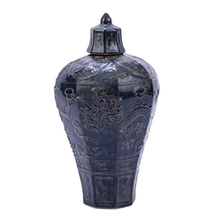 Carved Dragon Plum Vase Speckled Indigo