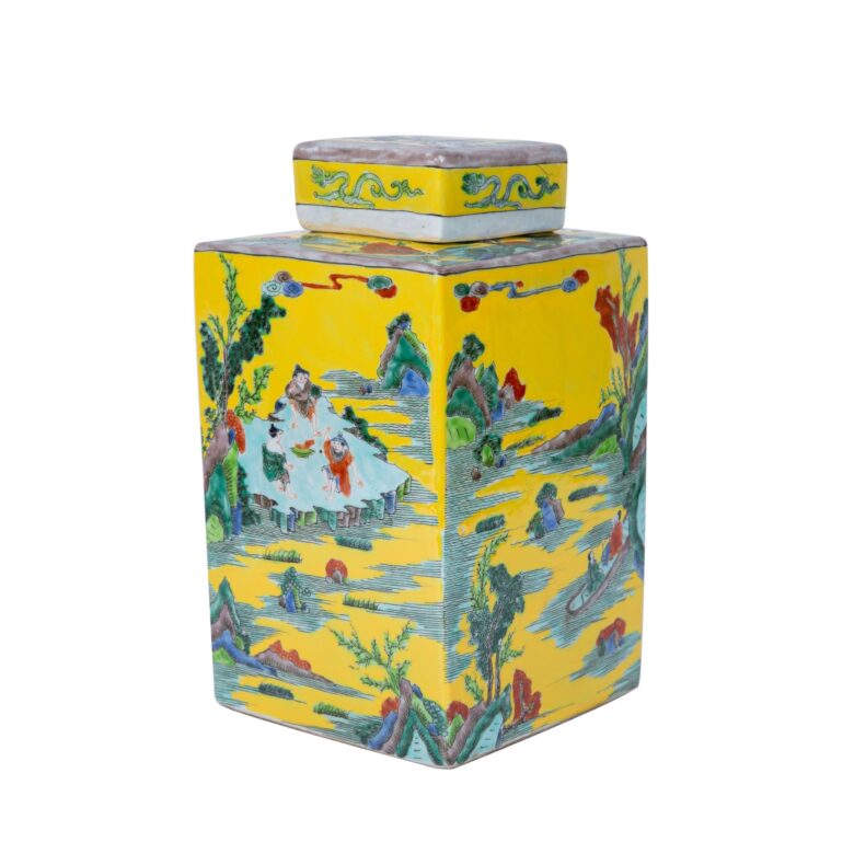 Yellow Square Tea Jar Landscape Motif