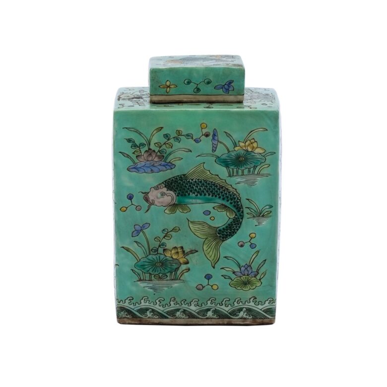 Green Square Tea Jar Fish Motif