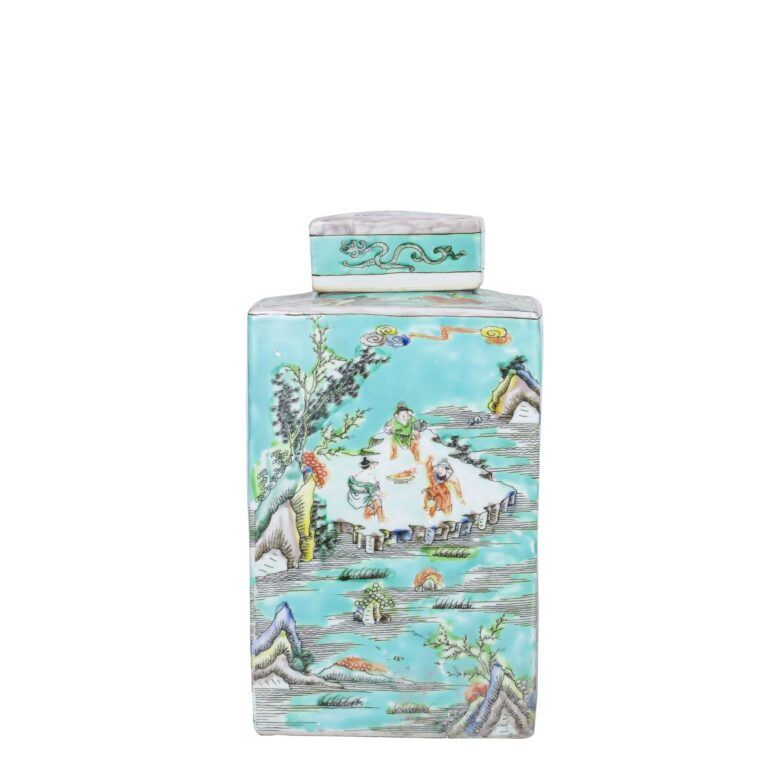 Green Square Tea Jar Landscape Motif