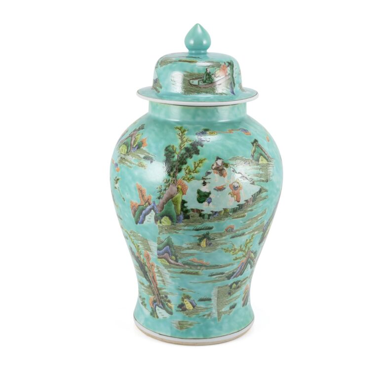 Chinoiserie Green Landscape Temple Jar