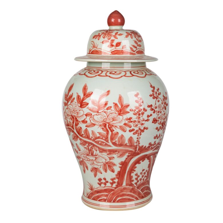 Coral Red Peony Plum Temple Jar Large