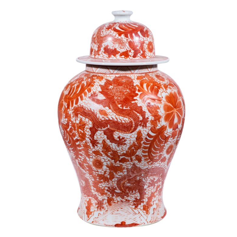 Orange Temple Jar W/ Dragon & Floral Motif