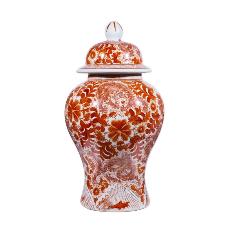 Orange Temple Jar W/ Dragon & Floral Motif - Large