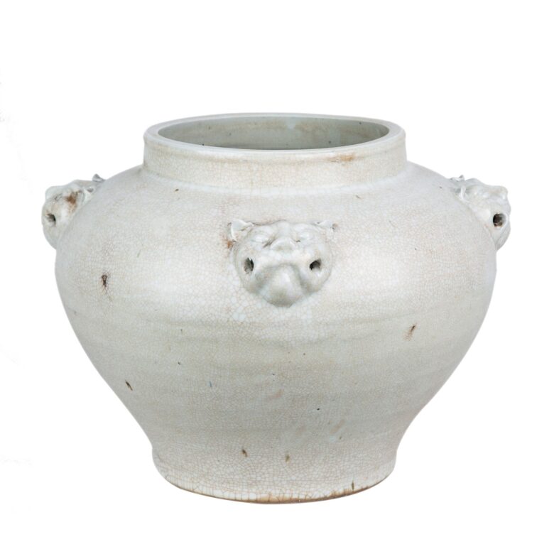 Four Lion Head Handle Jar White Crackle