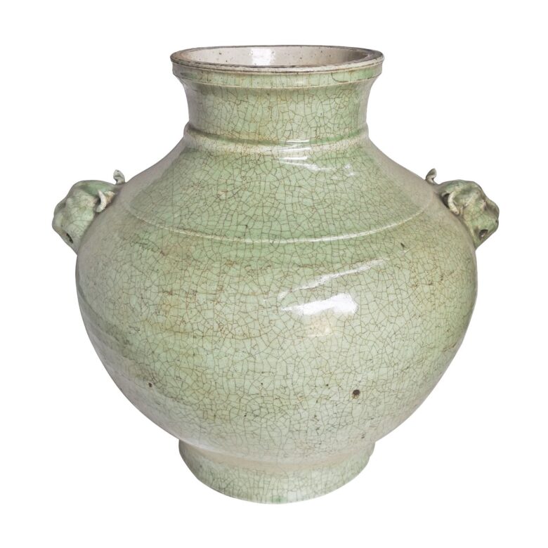 Double Lion Head Handle Jar Celadon Crackle