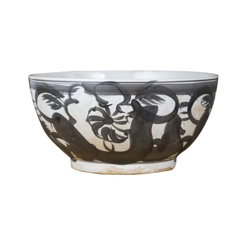 Black Porcelain Bowl Twisted Flower Motif