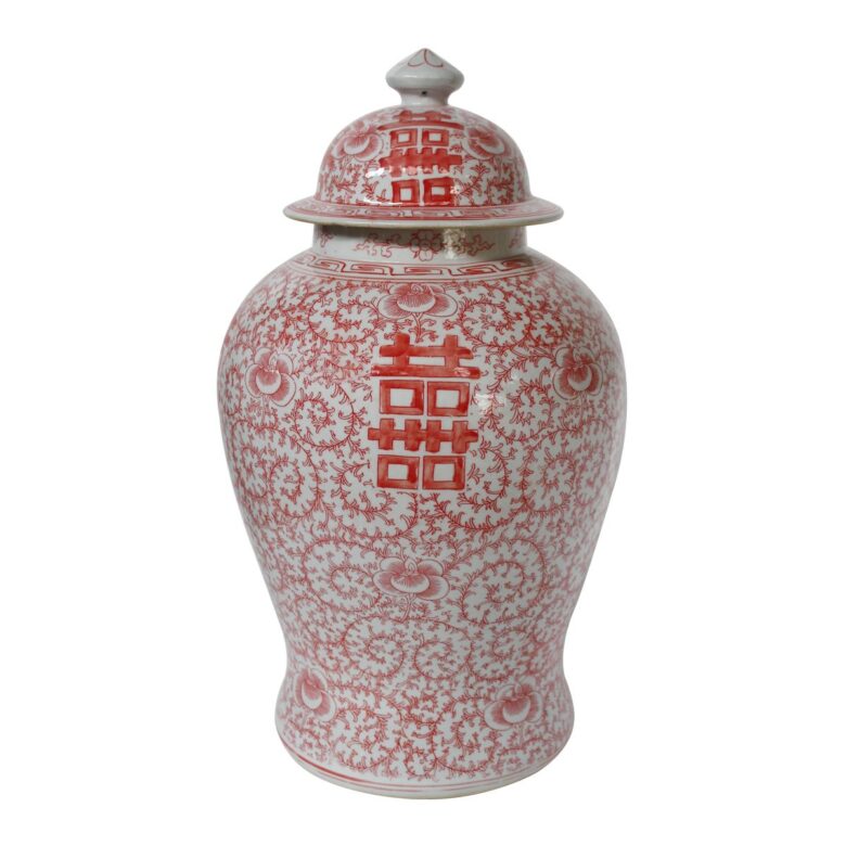 #1575C Red Double Happiness Floral Temple Jar